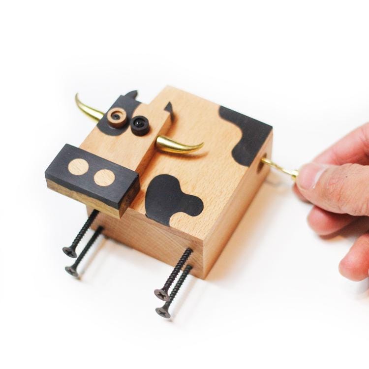 Hand Crank Cow Shaped Wooden Music Box | Kawai Gift For Baby Shower