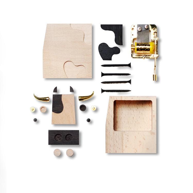 Hand Crank Cow Shaped Wooden Music Box | Kawai Gift For Baby Shower
