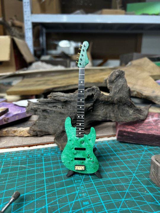 Handmade Wooden Miniature Bright Green Bass Guitar