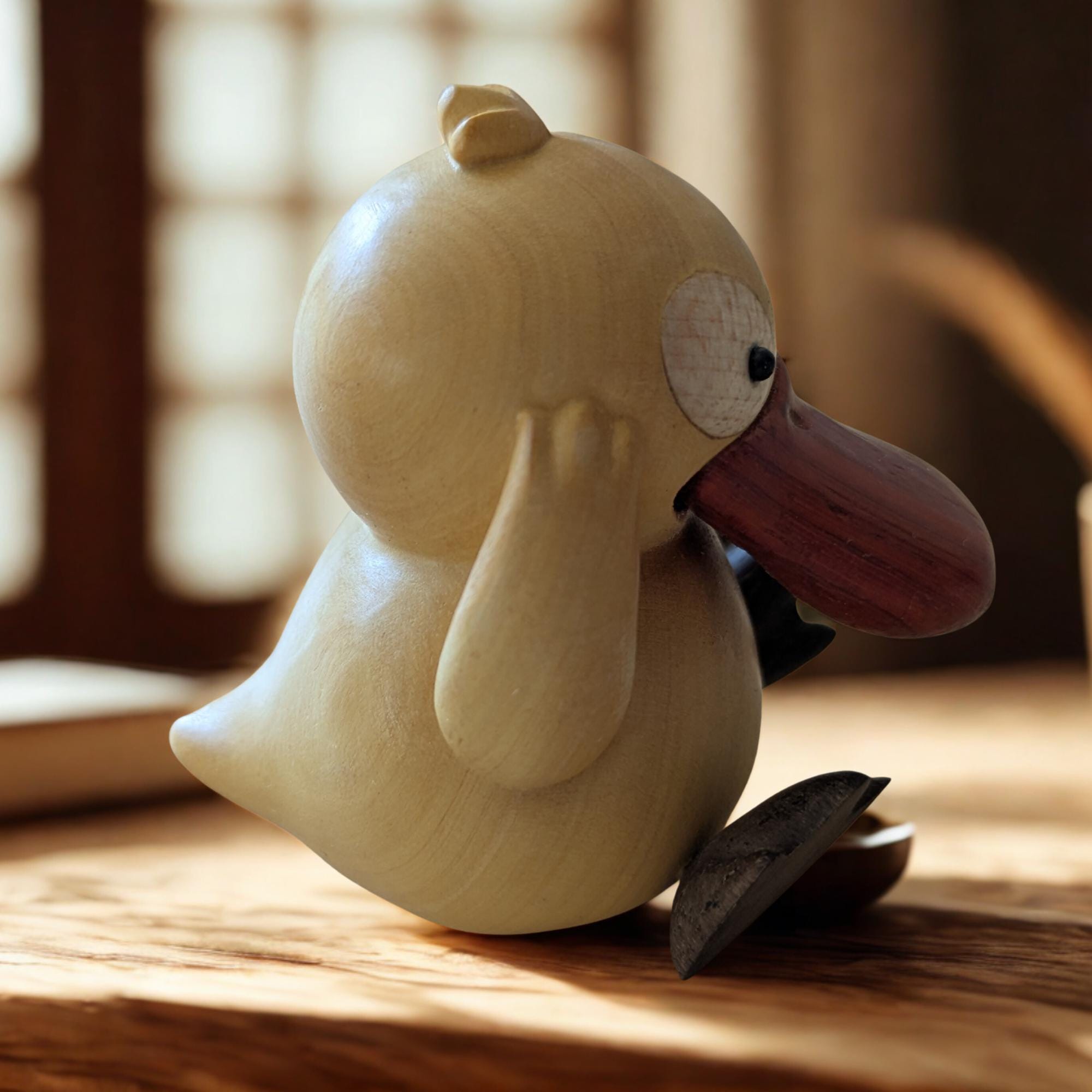 Wooden duck figurine on a wooden surface 