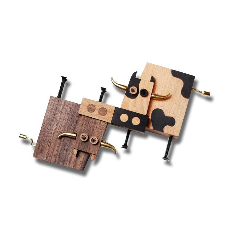 Hand Crank Cow Shaped Wooden Music Box | Kawai Gift For Baby Shower